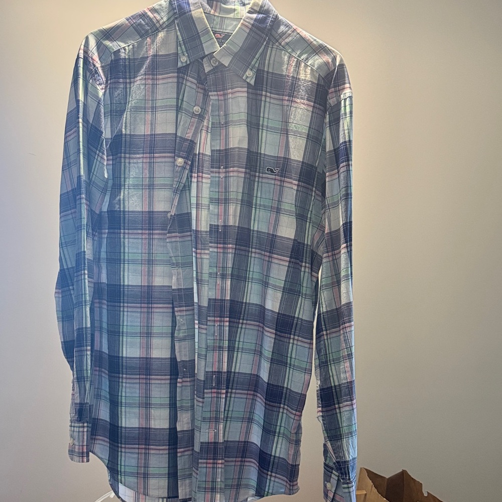 Vineyard Vines Blue and Pink Plaid Shirt